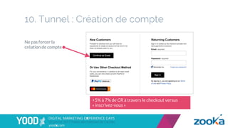 10. Tunnel : Création de compte
+5% à 7% de CR à travers le checkout versus
« inscrivez-vous »
Ne pas forcer la
création de compte
 