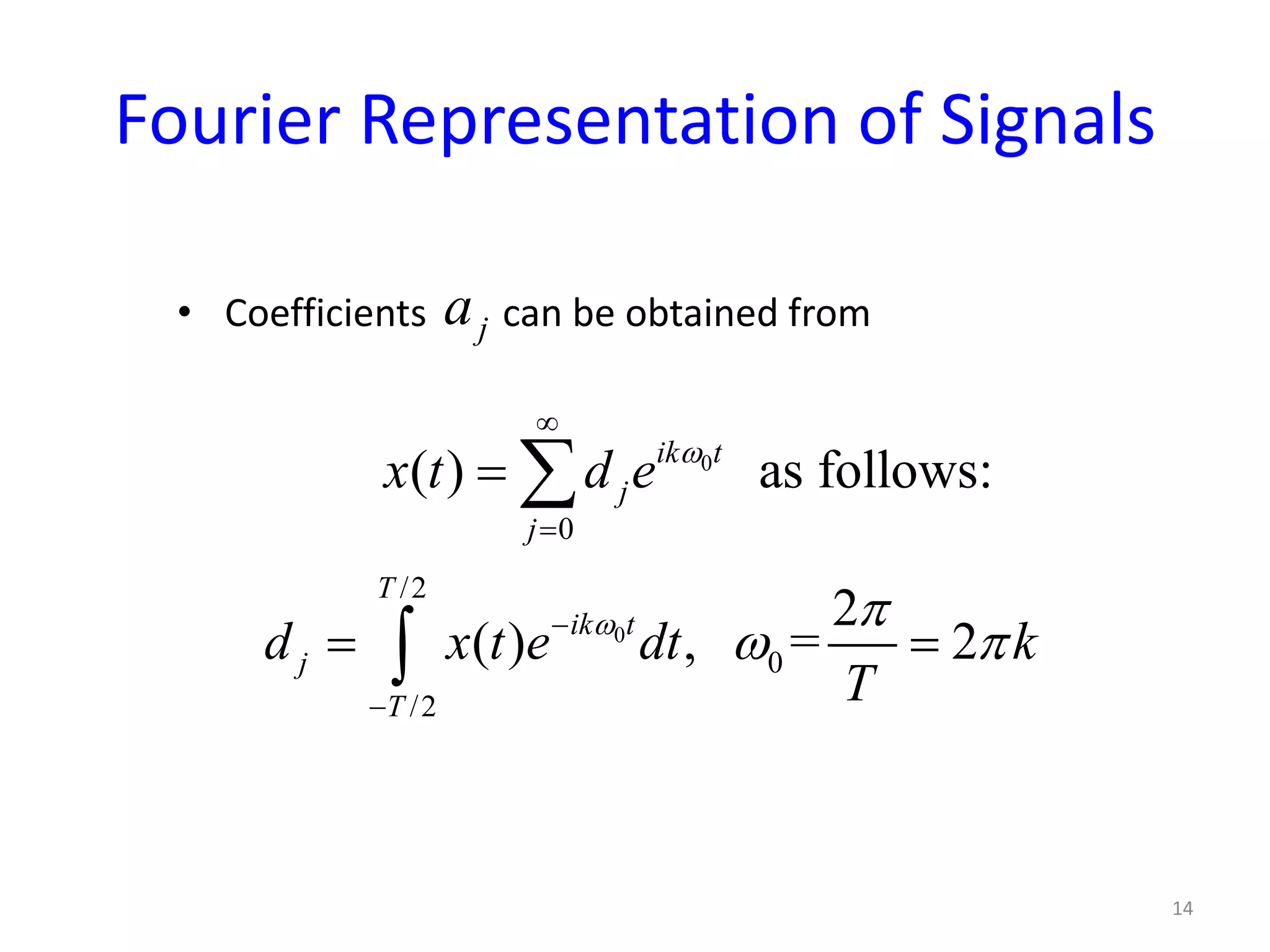 Fourier Representation of Signals
• Coefficients can be obtained fromja
14
0
0
( ) as follows:ik t
j
j
x t d e ω
∞
=
= ∑
0
/2
0
/2
2
( ) , = 2
T
ik t
j
T
d x t e dt k
T
ω π
ω π−
−
=∫
 