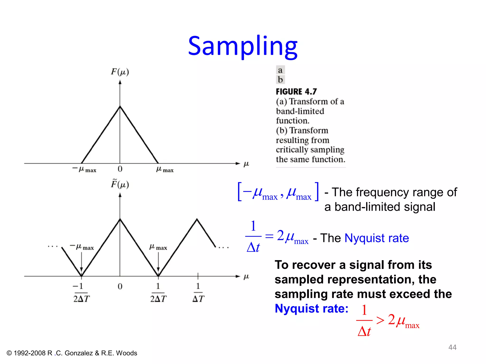 Sampling
44
© 1992-2008 R .C. Gonzalez & R.E. Woods
[ ]max max,µ µ− - The frequency range of
a band-limited signal
max
1
2
t
µ=
∆
- The Nyquist rate
To recover a signal from its
sampled representation, the
sampling rate must exceed the
Nyquist rate:
max
1
2
t
µ>
∆
 
