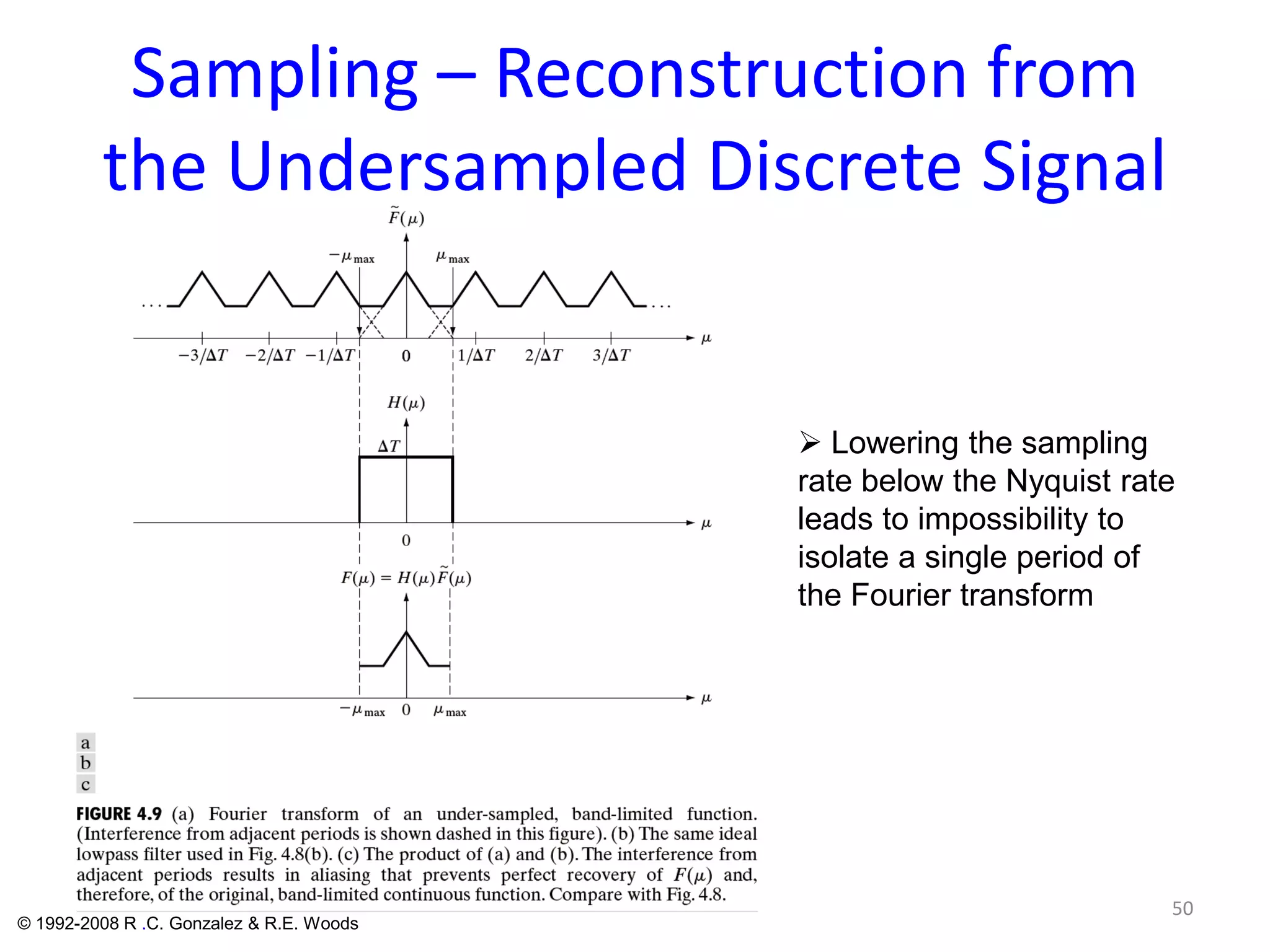 Sampling – Reconstruction from
the Undersampled Discrete Signal
50
© 1992-2008 R .C. Gonzalez & R.E. Woods
 Lowering the sampling
rate below the Nyquist rate
leads to impossibility to
isolate a single period of
the Fourier transform
 