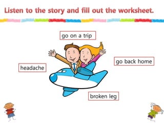 go on a trip
headache
go back home
broken leg