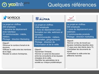 Quelques références Le projet en chiffres  200 employés 1 semaine de déploiement avec tutoriaux 33 communautés : média, métiers Pilotage : direction Marketing Le projet en chiffres  1000 employés 2 mois de déploiement avec formation sur site, webinars et tutoriaux 28 communautés : métiers, sectorielles, géographiques Pilotage : direction de l’information et de la veille Le projet en chiffres  600 employés 1 mois de déploiement avec webinars 2 communautés produits Pilotage : direction marketing Objectif :  Diminuer le nombre d’email et de réunions,  Diffuser la veille entre les membres de la régie,  Booster la culture d’entreprise,  Objectif :  Dynamiser l’Intranet,  Donner un canal de discussion entre les consultants et les équipes chargées de la veille,  Identifier les spécialistes de la société sur chaque problématique Objectif :  Donner un lieu de travail aux équipes marketing réparties dans 17 pays avec des clients dans 70, Centraliser les documents de travail Centraliser la veille entre les différents marchés  