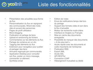 Liste des fonctionnalités Présentation des actualités sous forme de flux Personnalisation du flux en rejoignant des communautés, filtrant des mots-clés et suivant des personnes Pages de profil utilisateur Micro-blogging Publication et partage de liens Upload et versionning de fichiers Commentaires sur les éléments du flux Partage de contenus en un clic Tagging des éléments du flux Extension pour navigateur pour publier et partager des liens Annuaire regroupé par communautés Application Desktop pour consulter son flux, poster un micro message, commenter un élément Synthèse email Edition de notes Envoi de notifications temps réel lors du partage Support des formats vidéo et son dans le flux d’actualité Moteur de recherche multi-critère Interface en Anglais ou Français Mise en cache des documents enregistrés Possibilité de marquer des documents « A lire plus tard » Accès rapide avec les documents et outils importants de l’entreprise Publication RSS  Export XML Accès SSL API RESTful Connexion LDAP Hébergement mutualisé ou dédié 