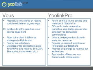Proposez à vos clients un réseau social modulaire et ergonomique En fonction de votre expertise, vous pouvez également Aider votre client à définir sa stratégie de déploiement  Former les utilisateurs Développer les connecteurs entre YoolinkPro et le reste du SI (LDAP, Sharepoint, Lotus Notes, etc.) Fourni et met à jour le service et le maintient à l’état de l’art Diffuse de la documentation marketing, des études de cas pour simplifier vos démarches commerciales Vous accompagne dans l’avant-vente sur demande Propose un support technique à l’intégration par téléphone Propose du partage de revenus sur les licences Apporte des affaires sur vos domaines de compétences Vous YoolinkPro 