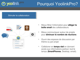 Pourquoi YoolinkPro? Mieux filtrer l’information pour  alléger la boîte email  des collaborateurs Mieux communiquer autour de projets pour  diminuer le nombre de réunions Ouvrir des espaces de discussion par thème ou par projet Collaborer en  temps réel  en donnant accès aux informations partout, tout le temps ( SmartPhones , Desktop, email). Stimuler la collaboration  