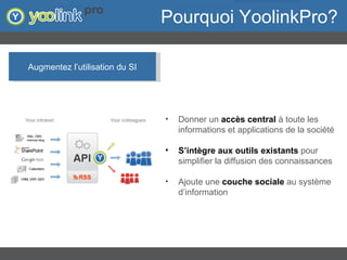Pourquoi YoolinkPro? Donner un  accès central  à toute les informations et applications de la société S’intègre aux outils existants  pour simplifier la diffusion des connaissances Ajoute une  couche sociale  au système d’information Augmentez l’utilisation du SI 