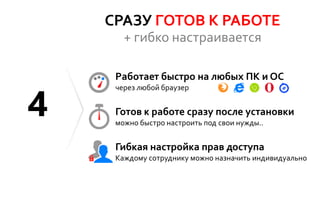 СРАЗУ ГОТОВ К РАБОТЕ
+ гибко настраивается
4
Работает быстро на любых ПК и ОС
через любой браузер
Готов к работе сразу после установки
можно быстро настроить под свои нужды..
Гибкая настройка прав доступа
Каждому сотруднику можно назначить индивидуально
 