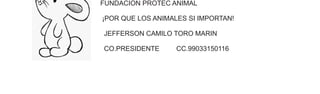 FUNDACION PROTEC ANIMAL 
¡POR QUE LOS ANIMALES SI IMPORTAN! 
JEFFERSON CAMILO TORO MARIN 
CO.PRESIDENTE CC.99033150116 
 
