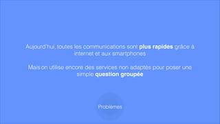 Aujourd’hui, toutes les communications sont plus rapides grâce à
internet et aux smartphones
!
Mais on utilise encore des services non adaptés pour poser une
simple question groupée
Problèmes
 