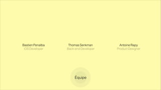 Bastien Penalba
iOS Developer
Thomas Senkman Antoine Rapy
Product Designer
Équipe
Back-end Developer
 