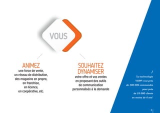 3
SOUHAITEZ
DYNAMISER
votre offre et vos ventes
en proposant des outils
de communication
personnalisés à la demande
ANIMEZ
une force de vente,
un réseau de distribution,
des magasins en propre,
en franchise,
en licence,
en coopérative, etc.
VOUS
/
"La technologie
YOPP c'est près
de 100 000 commandes
pour près
de 10 000 clients
en moins de 4 ans"
 
