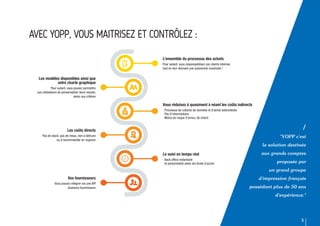 5
/
"YOPP c'est
la solution destinée
aux grands comptes
proposée par
un grand groupe
d'impression français
possédant plus de 50 ans
d'expérience."
AVEC YOPP, VOUS MAITRISEZ ET CONTRÔLEZ :
L’ensemble du processus des achats
Pour autant, vous responsabilisez vos clients internes
tout en leur donnant une autonomie maximale !
Vous réduisez à quasiment à néant les coûts indirects
∙ Processus de collecte de données et d’achat automatisés
∙ Pas d’intermédiaire
∙ Moins de risque d’erreur, de retard
Le suivi en temps réel
∙ Back office instantané
et personnalisé selon les droits d’accès
Les modèles disponibles ainsi que
votre charte graphique
Pour autant, vous pouvez permettre
aux utilisateurs de personnaliser leurs visuels,
selon vos critères
Les coûts directs
Pas de stock, pas de rebus, rien à détruire
ou à recommander en urgence
Vos fournisseurs
Vous pouvez intégrer via une API
plusieurs fournisseurs
 