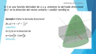 DERIVADA DIRECIONAL
Si f es una función derivable de x y y. entonces la derivada direccional
de f en la dirección del vector unitario = cos(β)i +sen(β)j es
Ejemplo I: Hallar la derivada direccional
f(x, y) = 4 − 𝑥2 −
1
4
𝑦2
superficie.
En (1,2) en la dirección de
u = (cos
𝜋
3
)i + (sen
𝜋
3
)j
Dirección.
 