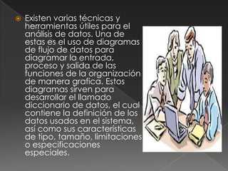    Existen varias técnicas y
    herramientas útiles para el
    análisis de datos. Una de
    estas es el uso de diagramas
    de flujo de datos para
    diagramar la entrada,
    proceso y salida de las
    funciones de la organización
    de manera grafica. Estos
    diagramas sirven para
    desarrollar el llamado
    diccionario de datos, el cual
    contiene la definición de los
    datos usados en el sistema,
    así como sus características
    de tipo, tamaño, limitaciones
    o especificaciones
    especiales.
 