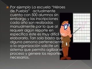   Por ejemplo La escuela “Héroes
    de Puebla” actualmente
    cuenta con 500 alumnos sin
    embargo y las inscripciones
    cada año son realizadas
    manualmente por lo que al
    requerir algún reporte en
    específico éste es muy difícil de
    elaborarlo. Tan solo basta que
    alguna persona perteneciente
    a la organización solicite un
    sistema que permita agilizar el
    proceso y genere los reportes
    necesarios.
 