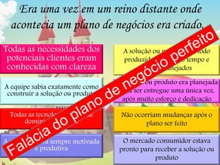 Era uma vez em um reino distante onde
acontecia um plano de negócios era criado...
Todas as necessidades dos
potenciais clientes eram
conhecidas com clareza
A equipe sabia exatamente como
construir a solução ou produto
Todas as tecnologias eram de
domínio da equipe
A equipe estava sempre motivada
e produtiva
A solução ou produto era todo
produzido segundo o tempo e
custos planejados
O mercado consumidor estava
pronto para receber a solução ou
produto
Não ocorriam mudanças após o
plano ser feito
A solução ou produto era planejada
para ser entregue uma única vez,
após muito esforço e dedicação
 