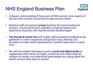 NHS England Business Plan
• A deeper understanding of how users of NHS services view aspects of
the care they receive is e...