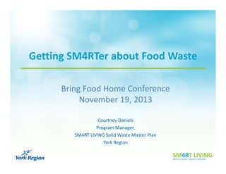 Getting SM4RTer about Food Waste
Bring Food Home Conference 
November 19, 2013
Courtney Daniels
Program Manager, 
SM4RT LIVING Solid Waste Master Plan
York Region

 