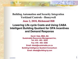 Building Automation and Security Integration
          Yorkland Controls - Honeywell
            June 2, 2010, Richmond Hill
  Lowering Life cycle Costs and Using CABA
Intelligent Building Quotient for OPA Incentives
             and Demand Response
                      David Katz, MBA, BA
           Sustainable Resources Management Inc.
                      Tel: 416 - 493 - 9232
                      Fax: 416 - 493- 5366
                Email: dkatz@sustainable.on.ca
           Building Intelligence Quotient Consortium
                 Email: dkatz@building-iq.com



6/4/2010                                               1
 