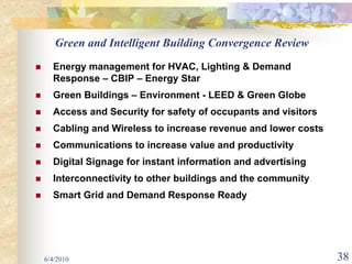 Green and Intelligent Building Convergence Review
  Energy management for HVAC, Lighting & Demand
  Response – CBIP – Energy Star
  Green Buildings – Environment - LEED & Green Globe
  Access and Security for safety of occupants and visitors
  Cabling and Wireless to increase revenue and lower costs
  Communications to increase value and productivity
  Digital Signage for instant information and advertising
  Interconnectivity to other buildings and the community
  Smart Grid and Demand Response Ready




6/4/2010                                                     38
 