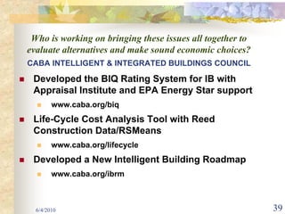 Who is working on bringing these issues all together to
evaluate alternatives and make sound economic choices?
CABA INTELLIGENT & INTEGRATED BUILDINGS COUNCIL

 Developed the BIQ Rating System for IB with
 Appraisal Institute and EPA Energy Star support
        www.caba.org/biq
 Life-Cycle Cost Analysis Tool with Reed
 Construction Data/RSMeans
        www.caba.org/lifecycle
 Developed a New Intelligent Building Roadmap
        www.caba.org/ibrm



  6/4/2010                                                 39
 