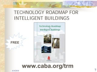 TECHNOLOGY ROADMAP FOR
 INTELLIGENT BUILDINGS



FREE




           www.caba.org/trm
6/4/2010                      7
 