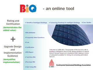 - an online tool

  Rating and
  Certification
(demonstrates the
added value)



      +
Upgrade Design
     and
Implementation
   Guidance
(demystifies
implementation)
 