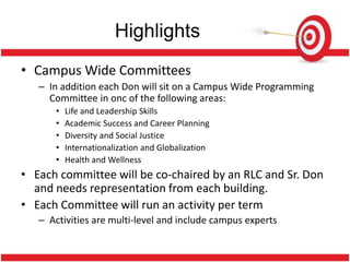 Highlights
• Campus Wide Committees
   – In addition each Don will sit on a Campus Wide Programming
     Committee in onc of the following areas:
       •   Life and Leadership Skills
       •   Academic Success and Career Planning
       •   Diversity and Social Justice
       •   Internationalization and Globalization
       •   Health and Wellness
• Each committee will be co-chaired by an RLC and Sr. Don
  and needs representation from each building.
• Each Committee will run an activity per term
   – Activities are multi-level and include campus experts
 