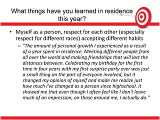 What things have you learned in residence
               this year?
• Myself as a person, respect for each other (especially
  respect for different races) accepting different habits
   – "The amount of personal growth I experienced as a result
     of a year spent in residence. Meeting different people from
     all over the world and making friendships that will last the
     distances between. Celebrating my birthday for the first
     time in four years with my first surprise party ever was just
     a small thing on the part of everyone involved, but it
     changed my opinion of myself and made me realize just
     how much I've changed as a person since highschool. it
     showed me that even though I often feel like I don't leave
     much of an impression, on those around me, I actually do."
 
