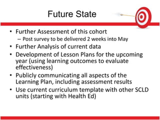 Future State
• Further Assessment of this cohort
  – Post survey to be delivered 2 weeks into May
• Further Analysis of current data
• Development of Lesson Plans for the upcoming
  year (using learning outcomes to evaluate
  effectiveness)
• Publicly communicating all aspects of the
  Learning Plan, including assessment results
• Use current curriculum template with other SCLD
  units (starting with Health Ed)
 