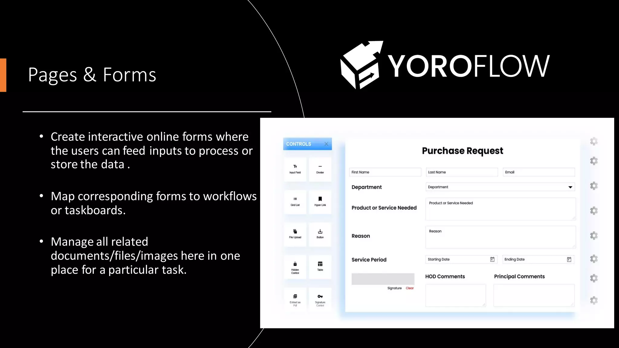 Pages & Forms
• Create interactive online forms where
the users can feed inputs to process or
store the data .
• Map corresponding forms to workflows
or taskboards.
• Manage all related
documents/files/images here in one
place for a particular task.
 