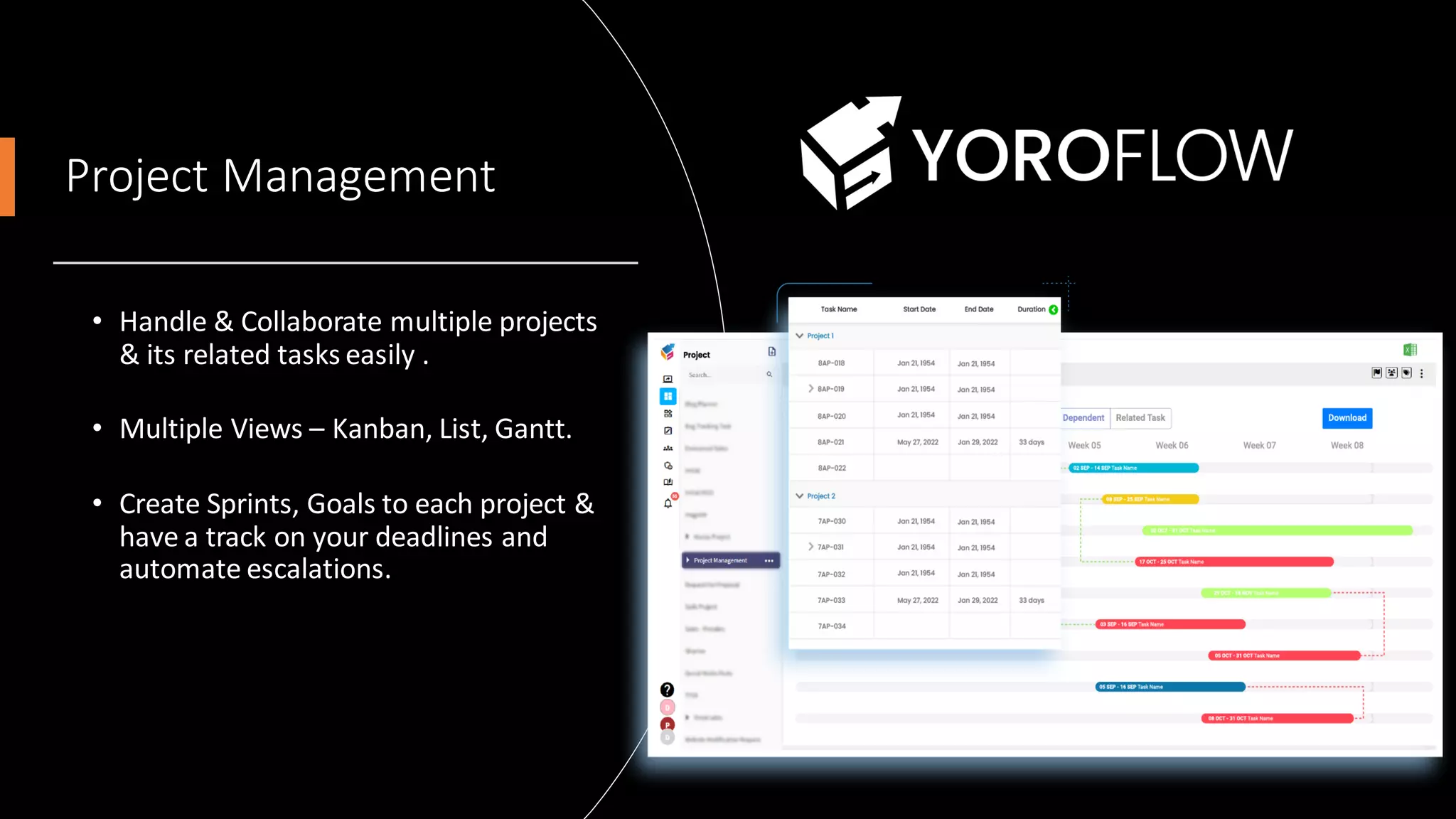 Project Management
• Handle & Collaborate multiple projects
& its related tasks easily .
• Multiple Views – Kanban, List, Gantt.
• Create Sprints, Goals to each project &
have a track on your deadlines and
automate escalations.
 