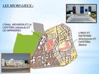 LES MICRO LIEUX :




L’ENAU, ARCHINOVA ET LA
CAFETERIA (dabdoub) ET
LES IMPRIMERIES
                          L’IPEST ET
                          FASTEFOOD
                          (khamjoune) ET
                          CAFETERIA
                          (Badra)
 