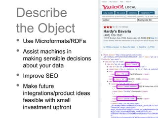 Describe the Object <ul><li>Use Microformats/RDFa </li></ul><ul><li>Assist machines in  making sensible decisions about yo...