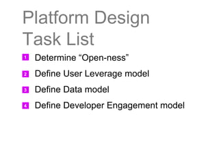 Platform Design  Task List <ul><li>Determine “Open-ness” </li></ul><ul><li>Define User Leverage model </li></ul><ul><li>De...