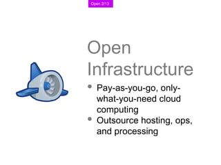 Open Infrastructure <ul><li>Pay-as-you-go, only-what-you-need cloud computing </li></ul><ul><li>Outsource hosting, ops, an...