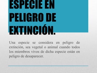 ESPECIE EN
PELIGRO DE
EXTINCIÓN.
Una especie se considera en peligro de
extinción, sea vegetal o animal cuando todos
los miembros vivos de dicha especie están en
peligro de desaparecer.
 