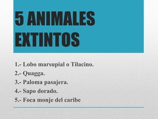5 ANIMALES
EXTINTOS
1.- Lobo marsupial o Tilacino.
2.- Quagga.
3.- Paloma pasajera.
4.- Sapo dorado.
5.- Foca monje del caribe
 
