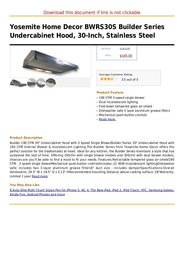 Yosemite home decor bwrs30 s builder series hood, 30 inch