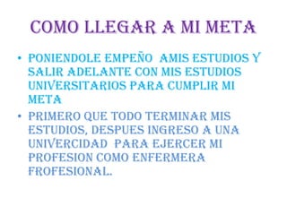 Como llegar a mi meta
• Poniendole empeño amis estudios y
salir adelante con mis estudios
universitarios para cumplir mi
meta
• Primero que todo terminar mis
estudios, despues ingreso a una
univercidad para ejercer mi
profesion como enfermera
frofesional.
 