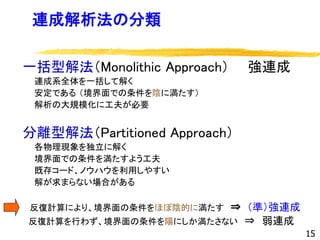 連成解析法の分類
一括型解法（Monolithic Approach） 強連成
連成系全体を一括して解く
安定である （境界面での条件を陰に満たす）
解析の大規模化に工夫が必要
分離型解法（Partitioned Approach）
各物理現象を独立に解く
境界面での条件を満たすよう工夫
既存コード、ノウハウを利用しやすい
解が求まらない場合がある
反復計算により、境界面の条件をほぼ陰的に満たす ⇒ （準）強連成
反復計算を行わず、境界面の条件を陽にしか満たさない ⇒ 弱連成
15
 