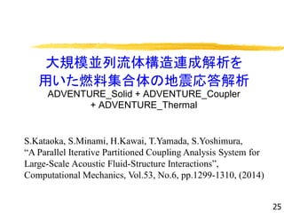 大規模並列流体構造連成解析を
用いた燃料集合体の地震応答解析
ADVENTURE_Solid + ADVENTURE_Coupler
+ ADVENTURE_Thermal
25
S.Kataoka, S.Minami, H.Kawai, T.Yamada, S.Yoshimura,
“A Parallel Iterative Partitioned Coupling Analysis System for
Large-Scale Acoustic Fluid-Structure Interactions”,
Computational Mechanics, Vol.53, No.6, pp.1299-1310, (2014)
 