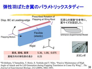 Disp. BC at Leading-edge
Flexible
(elastic)
Rigid
Prescribed Rotation of
Flapping at Wing Root
Flapping Motion
翼長, 翼幅, 翼厚 5.36, 1.00, 0.075
翼幅方向の弾性部の長さ 0.25
石原らの実験*を参考に、
翼サイズを設定した。
*D.Ishihara, Y.Yamashita, T. Horie, S. Yoshida and T. Niho, “Passive Maintenance of High
Angle of Attack and Its Lift Generation during Flapping Translation in Crane Fly Wing”, The
Journal of Experimental Biology, 212 (2009), 3882-3891.
y
z x
Ishihara’s Experimental Model
38
弾性羽ばたき翼のパラメトリックスタディー
ガガンボ
 