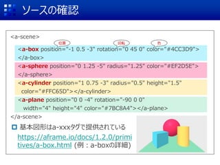 ソースの確認
<a-scene>
<a-box position="-1 0.5 -3" rotation="0 45 0" color="#4CC3D9">
</a-box>
<a-sphere position="0 1.25 -5" radius="1.25" color="#EF2D5E">
</a-sphere>
<a-cylinder position="1 0.75 -3" radius="0.5" height="1.5"
color="#FFC65D"></a-cylinder>
<a-plane position="0 0 -4" rotation="-90 0 0"
width="4" height="4" color="#7BC8A4"></a-plane>
</a-scene>
 基本図形はa-xxxタグで提供されている
https://aframe.io/docs/1.2.0/primi
tives/a-box.html (例：a-boxの詳細)
位置 回転 色
 