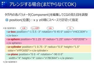 アレンジする場合(まだやらなくてOK)
タグ内の各パラメータ(Component)を編集してCGの見た目を調整
 position(位置)：x y zの順にスペースで区切って指定
(0 1.25 -5)
位置 回転 色x y z座標
 
