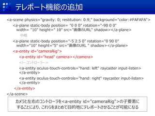 テレポート機能の追加
<a-scene physics="gravity: 0; restitution: 0.9;" background="color:#FAFAFA">
<a-plane static-body position= "0 0 0" rotation="-90 0 0"
width= "10" height=" 10" src="画像のURL" shadow></a-plane>
中略
<a-plane static-body position="-5 2.5 0" rotation="0 90 0"
width="10" height="5" src="画像のURL " shadow></a-plane>
<a-entity id="cameraRig">
<a-entity id="head" camera></camera>
<!--コントローラ-->
<a-entity oculus-touch-controls="hand: left" raycaster input-listen>
</a-entity>
<a-entity oculus-touch-controls="hand: right" raycaster input-listen>
</a-entity>
</a-entity>
</a-scene>
カメラと左右のコントローラを<a-entity id="cameraRig">の子要素に
することにより、これらをまとめて目的地にテレポートさせることが可能になる
 