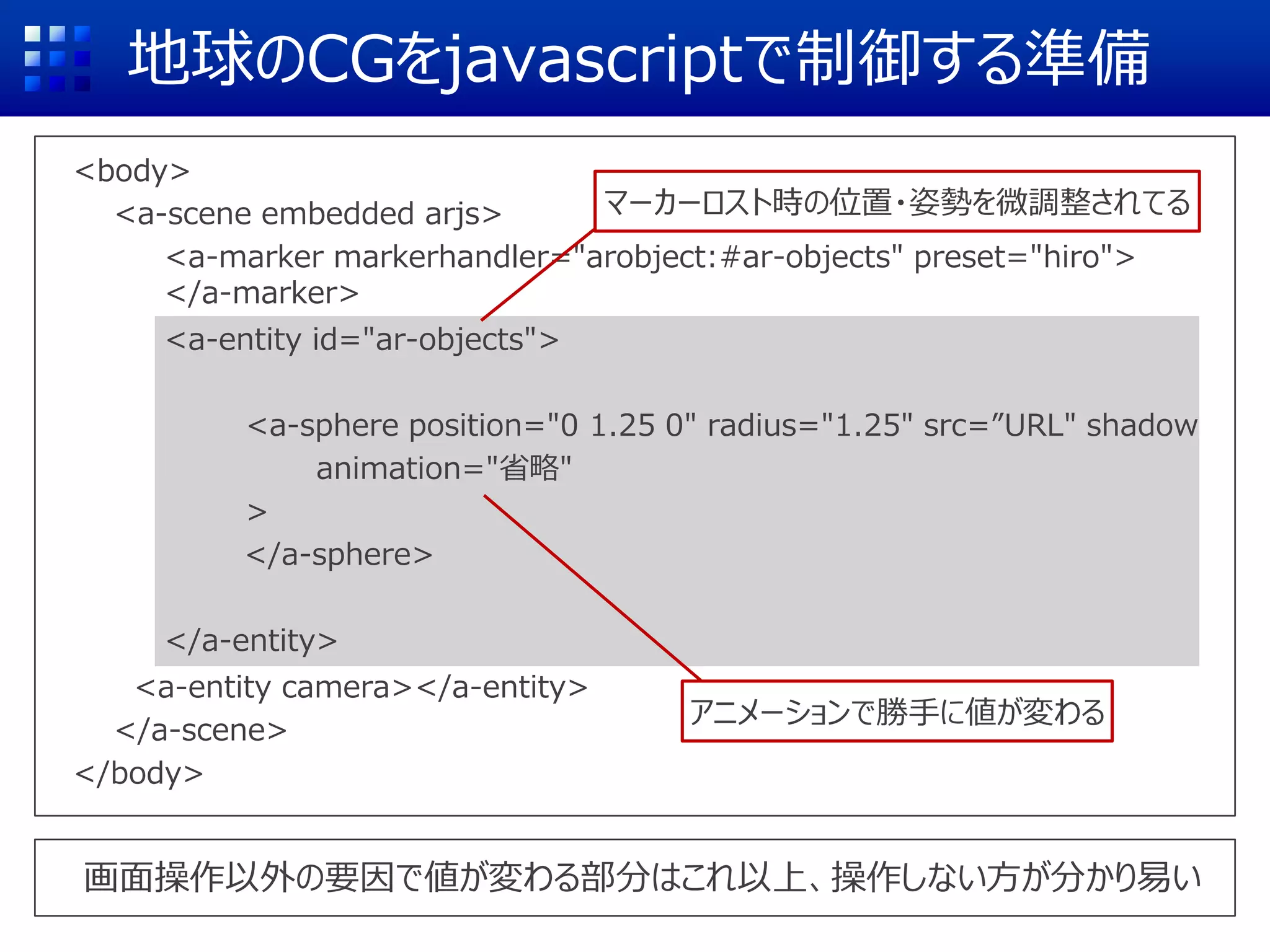 地球のCGをjavascriptで制御する準備
<body>
<a-scene embedded arjs>
<a-marker markerhandler="arobject:#ar-objects" preset="hiro">
</a-marker>
<a-entity id="ar-objects">
<a-sphere position="0 1.25 0" radius="1.25" src=”URL" shadow
animation="省略"
>
</a-sphere>
</a-entity>
<a-entity camera></a-entity>
</a-scene>
</body>
画面操作以外の要因で値が変わる部分はこれ以上、操作しない方が分かり易い
アニメーションで勝手に値が変わる
マーカーロスト時の位置・姿勢を微調整されてる
 