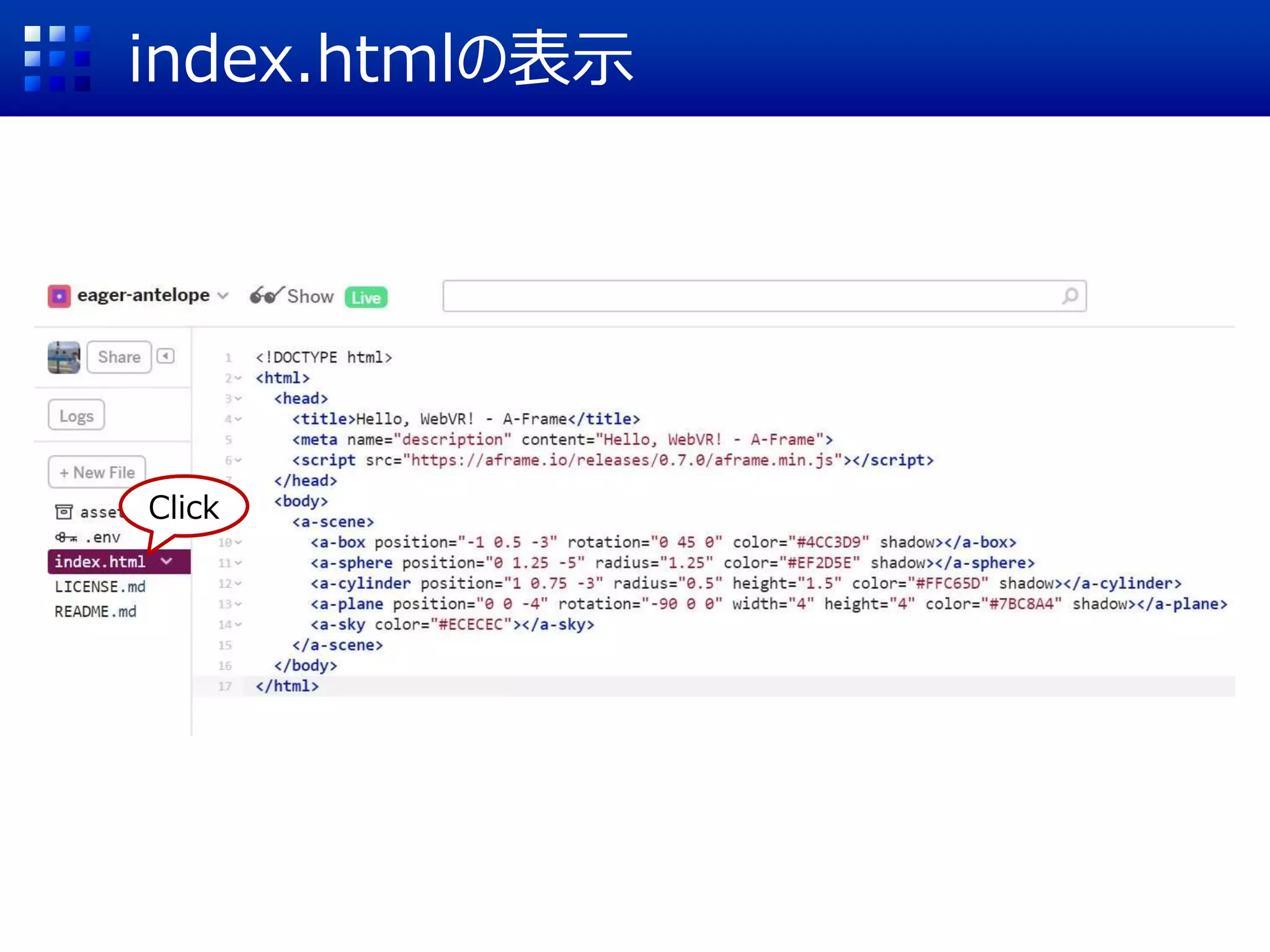 index.htmlの表示
Click
 