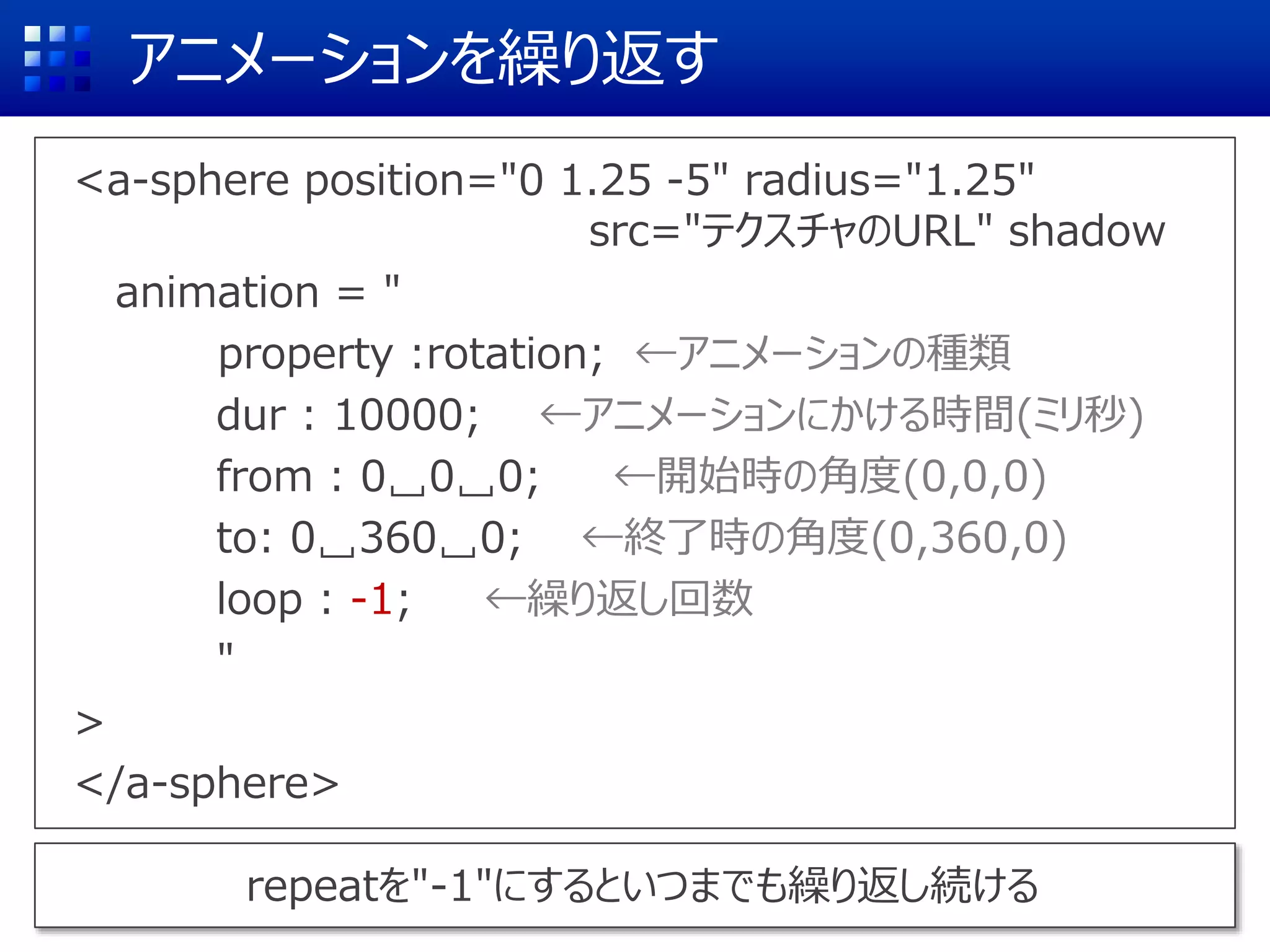 アニメーションを繰り返す
<a-sphere position="0 1.25 -5" radius="1.25"
src="テクスチャのURL" shadow
animation = "
property :rotation; ←アニメーションの種類
dur : 10000; ←アニメーションにかける時間(ミリ秒)
from : 0␣0␣0; ←開始時の角度(0,0,0)
to: 0␣360␣0; ←終了時の角度(0,360,0)
loop : -1; ←繰り返し回数
"
>
</a-sphere>
repeatを"-1"にするといつまでも繰り返し続ける
 
