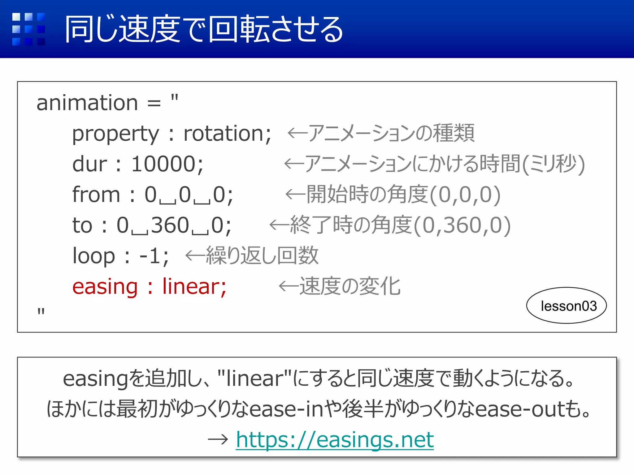 同じ速度で回転させる
animation = "
property : rotation; ←アニメーションの種類
dur : 10000; ←アニメーションにかける時間(ミリ秒)
from : 0␣0␣0; ←開始時の角度(0,0,0)
to : 0␣360␣0; ←終了時の角度(0,360,0)
loop : -1; ←繰り返し回数
easing : linear; ←速度の変化
"
easingを追加し、"linear"にすると同じ速度で動くようになる。
ほかには最初がゆっくりなease-inや後半がゆっくりなease-outも。
→ https://easings.net
lesson03
 